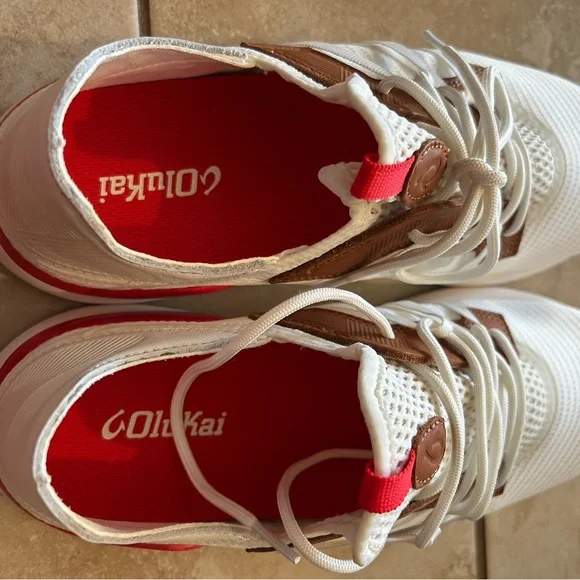 Olukai White and Brown Sneakers with Red Accents— never worn - Picture 6 of 7